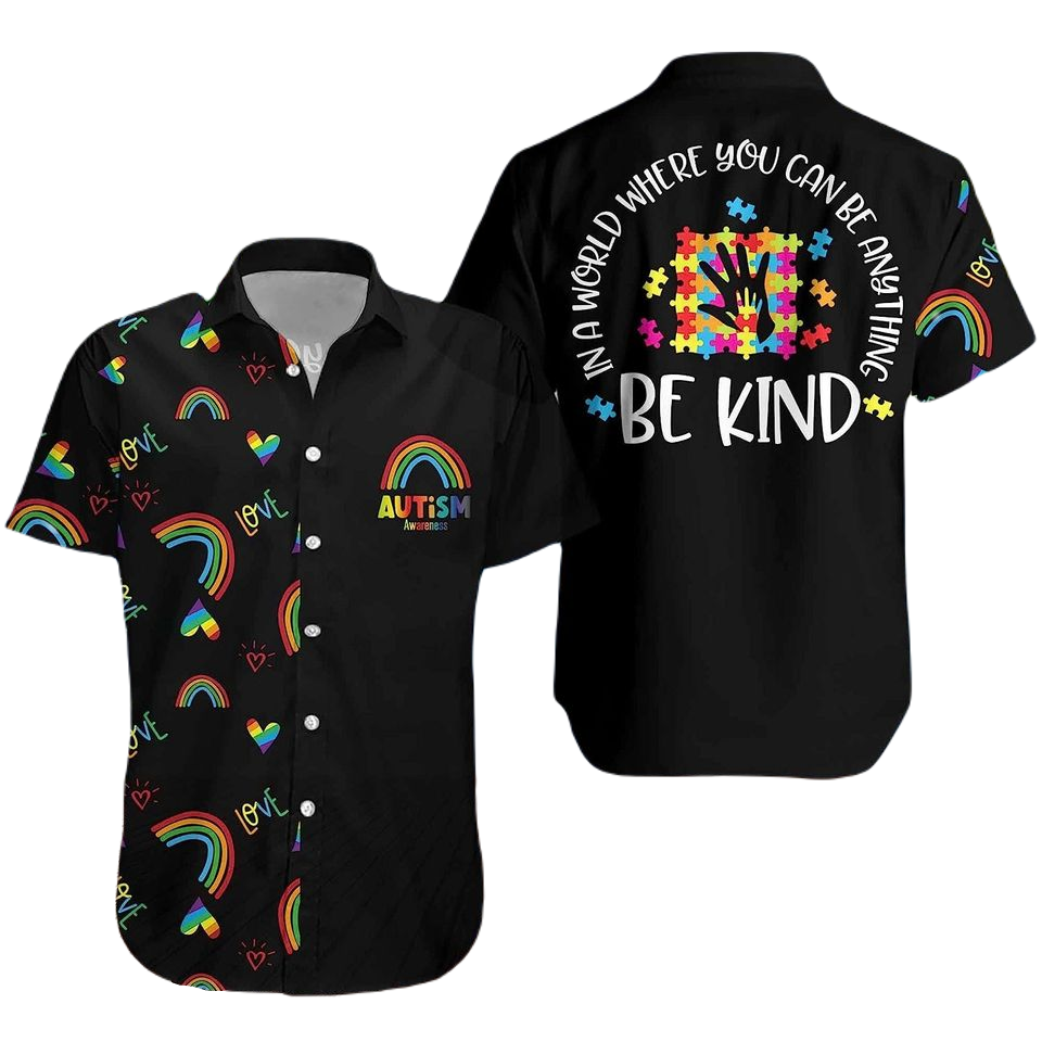 Autism Hawaii Shirt You Can Be Anything Be Kind Rainbow Aloha Shirt Black Unisex