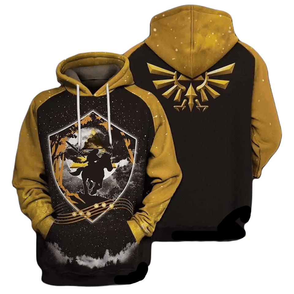 The Legend Of Zelda Hoodie Link On Horse Silhouette Hoodie Black Yellow Unisex