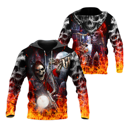 Motorcycle Hoodie Fire Biker Skull Under Moonlight T-shirt Black Orange Unisex