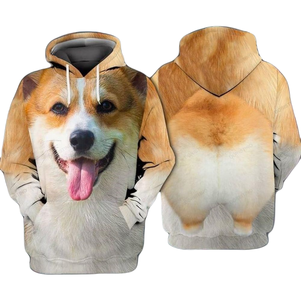 Dog Hoodie Corgi Cute Dog Front And Back Hoodie White Brown Unisex