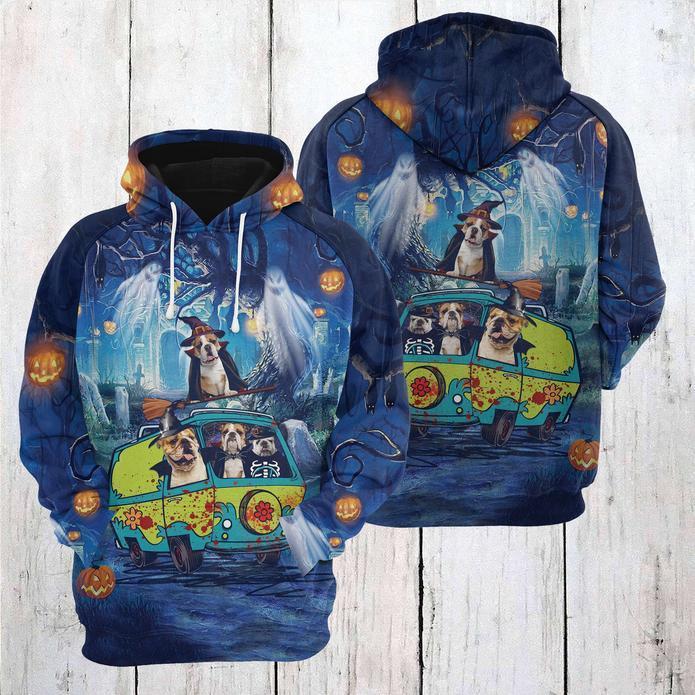 Halloween Hoodie Bulldog Halloween Night Blue Hoodie Halloween Clothing