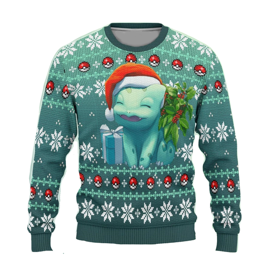 PKM Sweatshirt Cute Bulbasaur Christmas Hat Sweatshirt Green Unisex