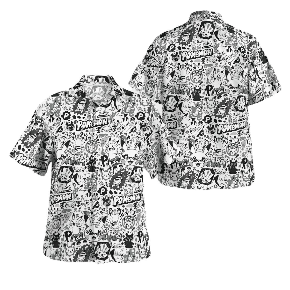 PKM Hawaii Shirt PKM Pikachu Doodle Art Pattern Aloha Shirt Black White Unisex