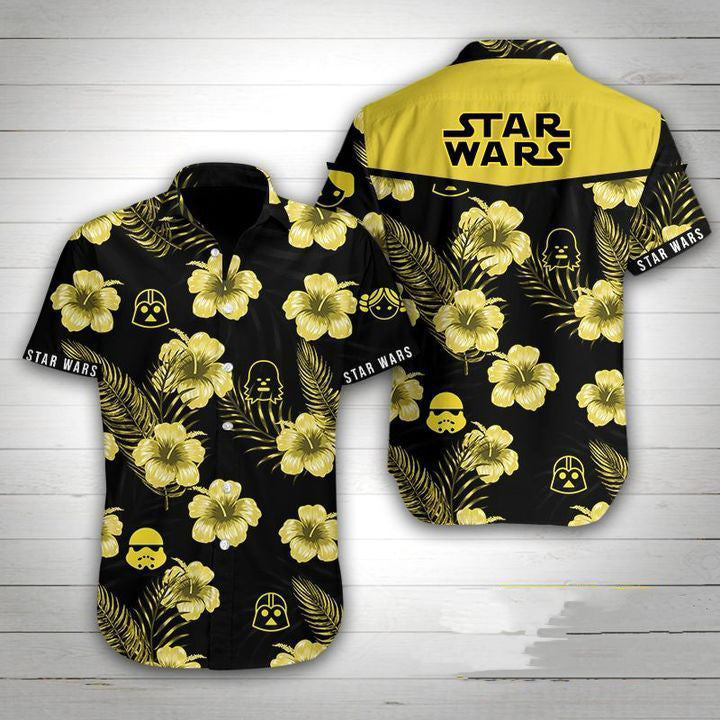 SW Hawaiian Shirt Darth Vader Chewbacca Stormtrooper Heads Silhouette Pattern Black Yellow Hawaii Aloha Shirt