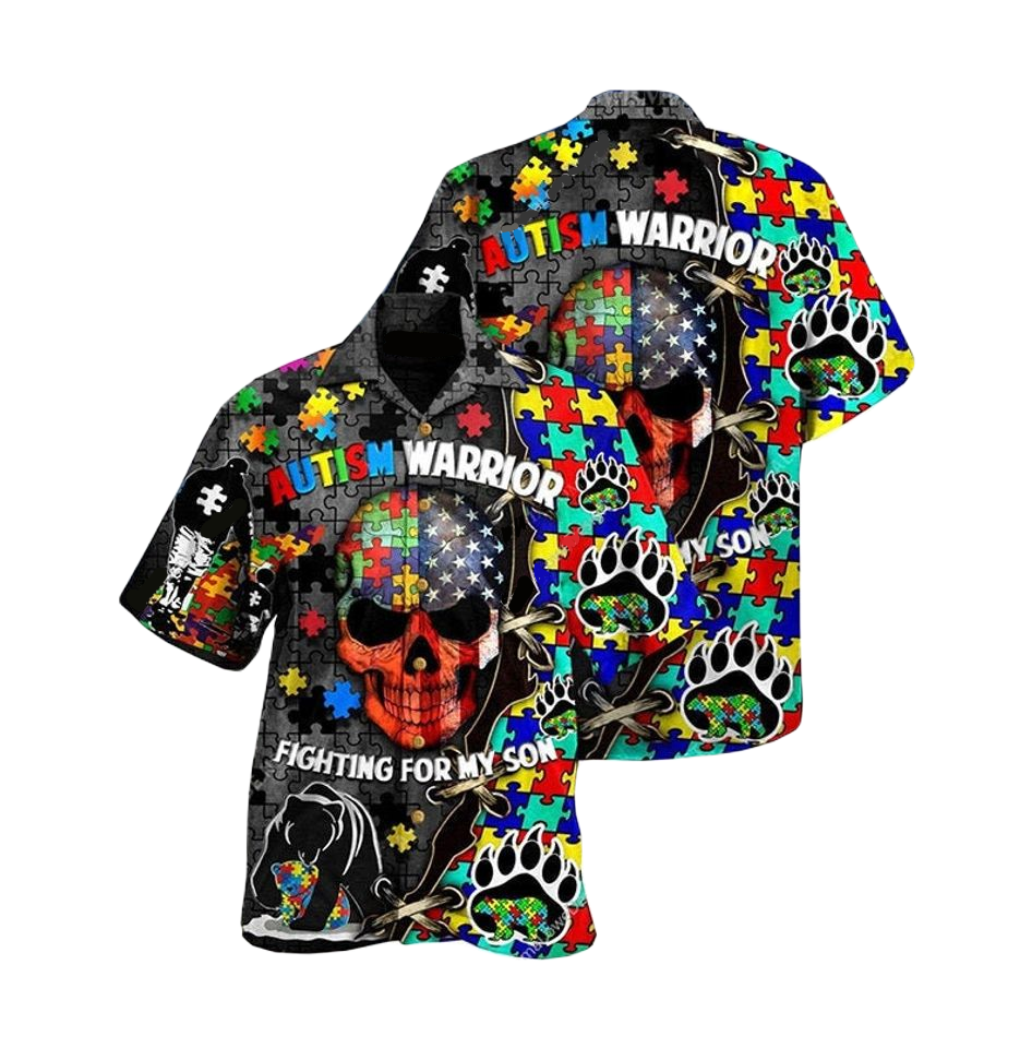 Autism Hawaii Shirt Autism Warrior Fighting For My Son Skull Graphic Aloha Shirt Colorful Unisex