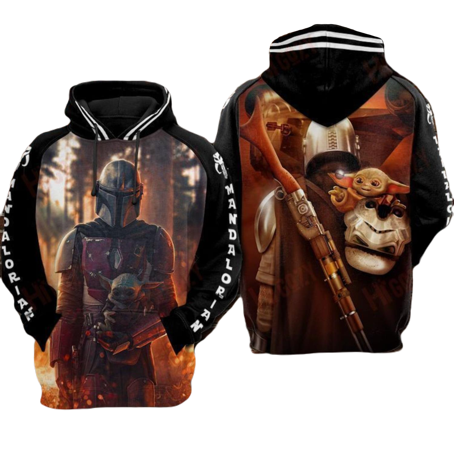 SW Hoodie Mandalorian And Yoda Graphic Hoodie Black Brown Unisex