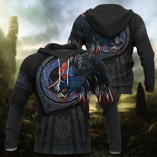  Viking Hoodie Viking Fenrir Wolf Viking Norse Art Style 3d Black Hoodie Full Print Full Size