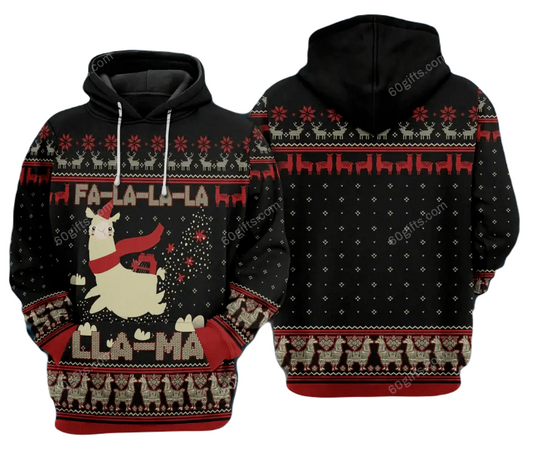 Llama Hoodie Fa La La Ma Llama Wears Christmas Hat And Scarf Hoodie Black Red Unisex