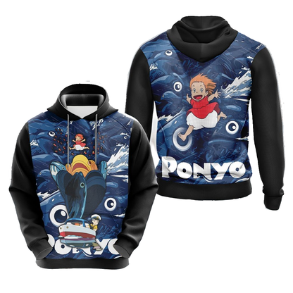 SGhibli Hoodie Ponyo Runs On The Wave Hoodie Blue Black Unisex