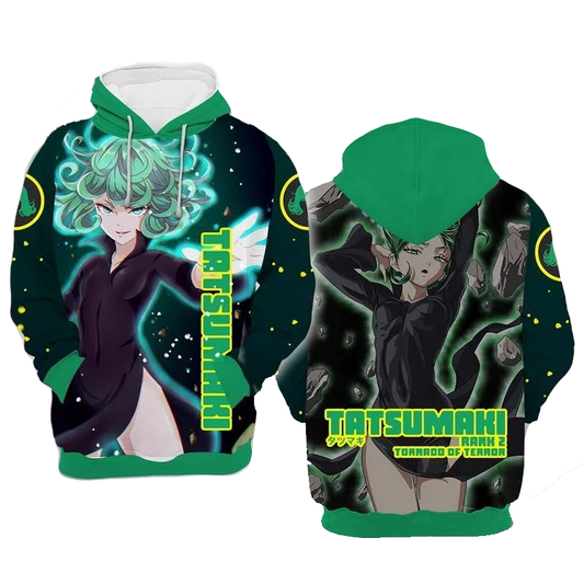 One Punch Man Hoodie Tatsumaki Rank 2 Tornado Of Terror Hoodie Black Green Unisex