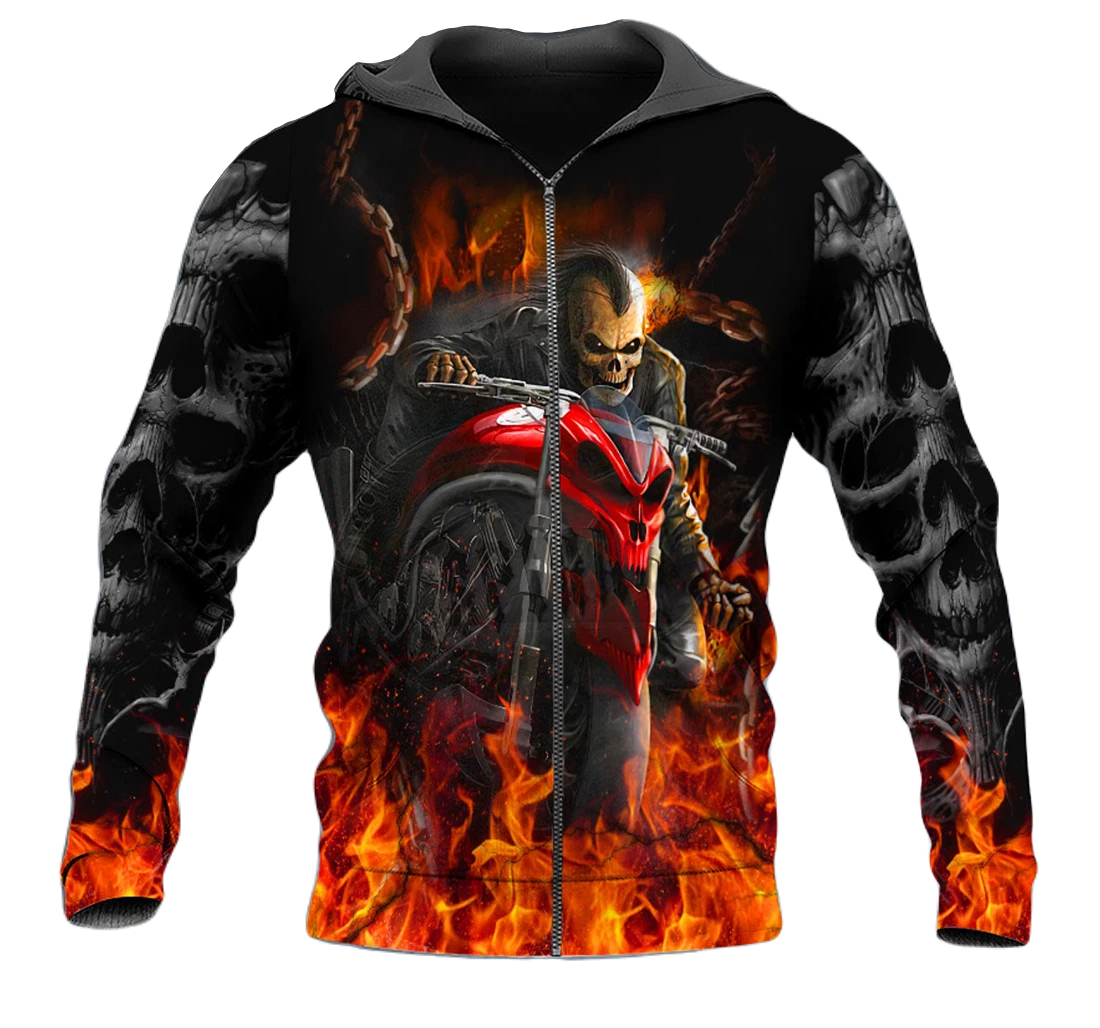 Motorcycle Zip Hoodie Flaming Motorcycle Skull Rider Zip Hoodie Black Orange Unisex