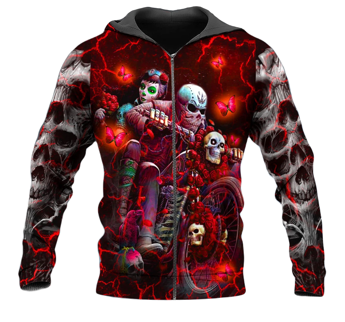 Motorcycle Zip Hoodie Motorcycle Skeleton Couple Sugar Skull Zip Hoodie Red Black Unisex