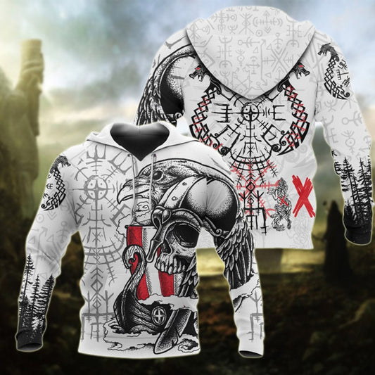  Viking Hoodie Raven Skull Drakkar Vegvisir The Viking Compass Symbol Black White Hoodie Full Print Full Size