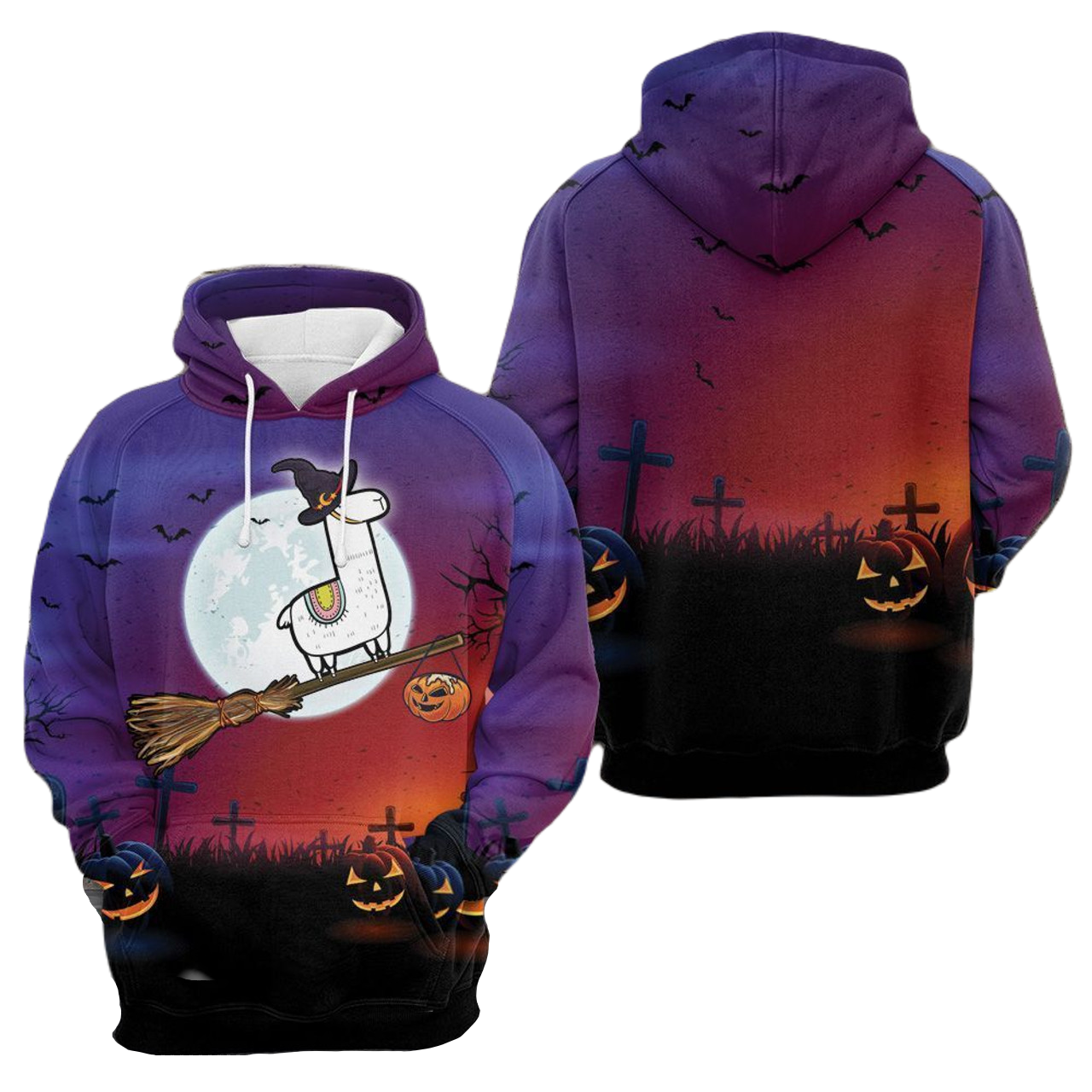 Llama Hoodie Llama Riding Broomstick Halloween Hoodie Purple Black Unisex