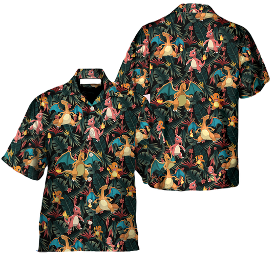 PKM Hawaii Shirt PKM Chamander Evolution Pattern Aloha Shirt Green Unisex