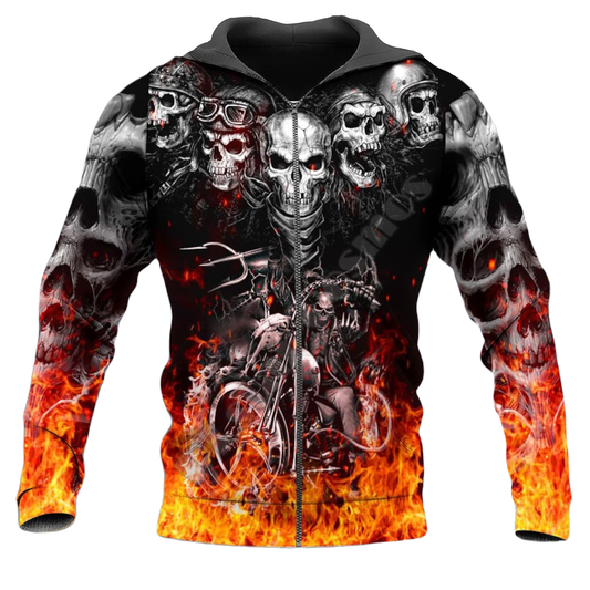 Motorcycle Zip Hoodie Fire Skeleton Rides Motorbike Zip Hoodie Black Orange Unisex