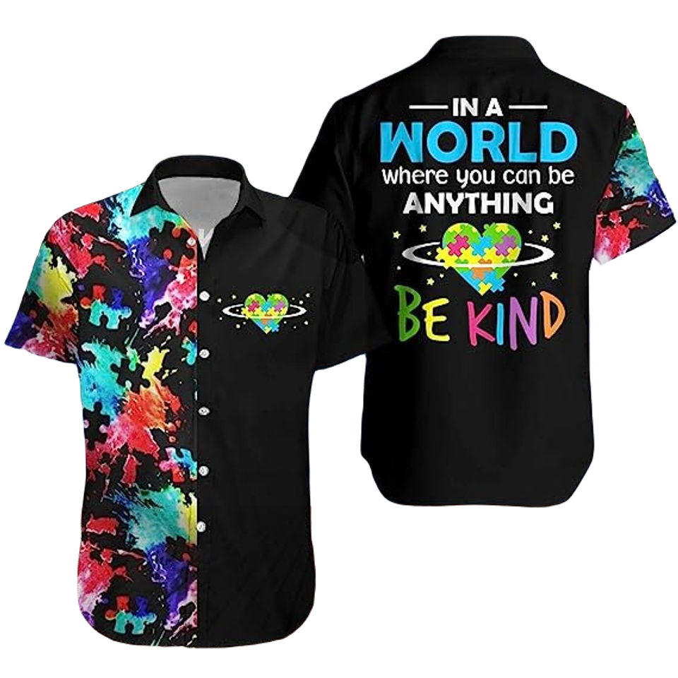 Autism Hawaii Shirt Where You Can Be Anything Be Kind Aloha Shirt Black Unisex
