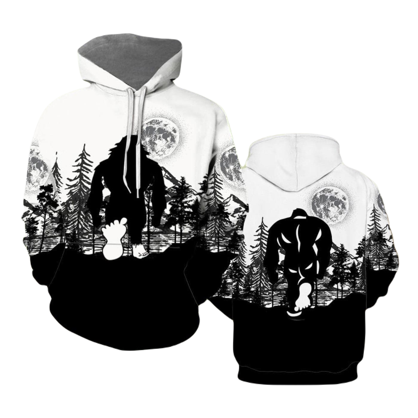 Bigfoot Hoodie Bigfoot Silhouette Moon And Forest Hoodie Black White Unisex