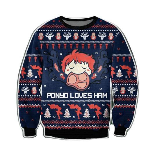 SGhibli Sweatshirt Ponyo Loves Ham Christmas Tree Pattern Sweatshirt Dark Blue Unisex