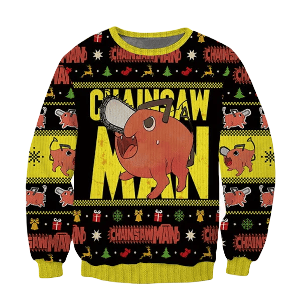 Chainsaw Man Sweatshirt Pochita Character Christmas Pattern Sweatshirt Yellow Black Unisex