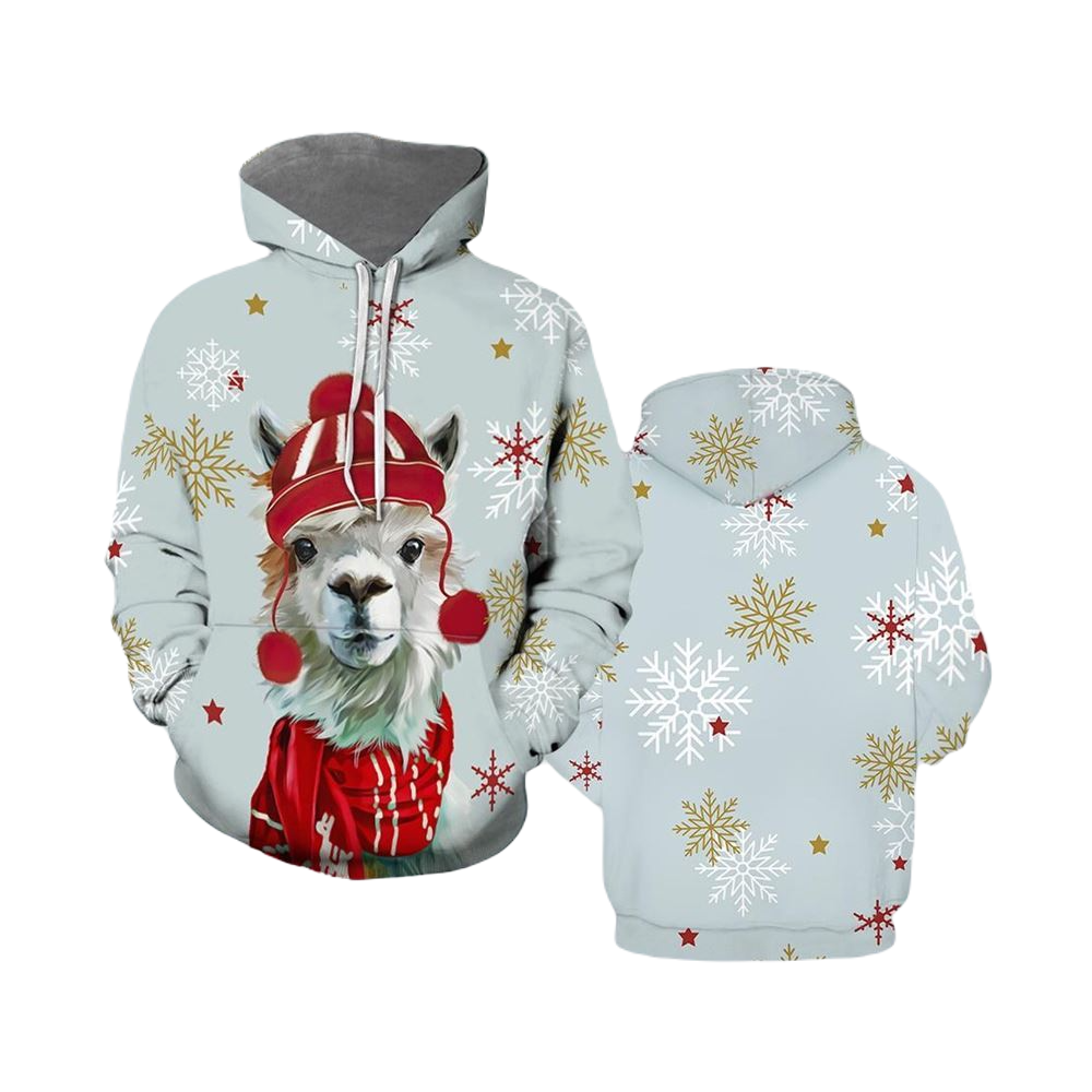 Llama Hoodie Llama With Winter Hat Christmas Snowflakes Hoodie Blue Unisex