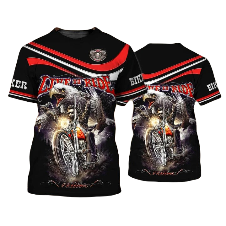 Motorcycle T-shirt Biker Live To Ride Eagle T-shirt Black Unisex