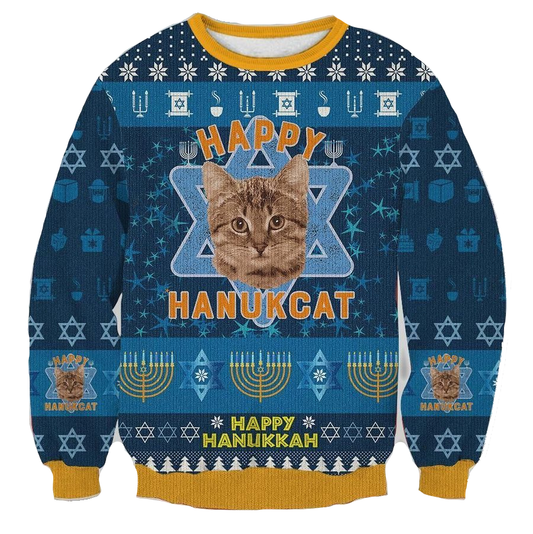 Hanukkah Sweatshirt Happy Hanukcat Star Of David Menorah Pattern Sweatshirt Blue Unisex