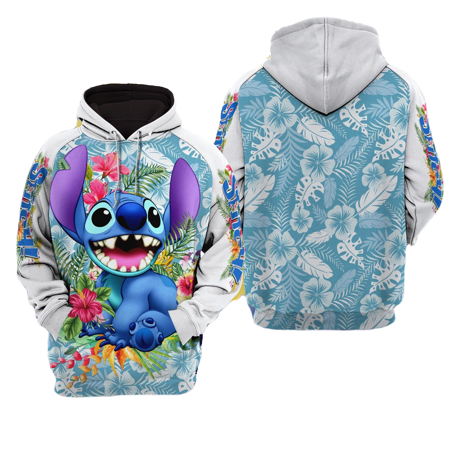 Stitch Hoodie Stitch Tropical Flowers Hoodie White Blue Unisex