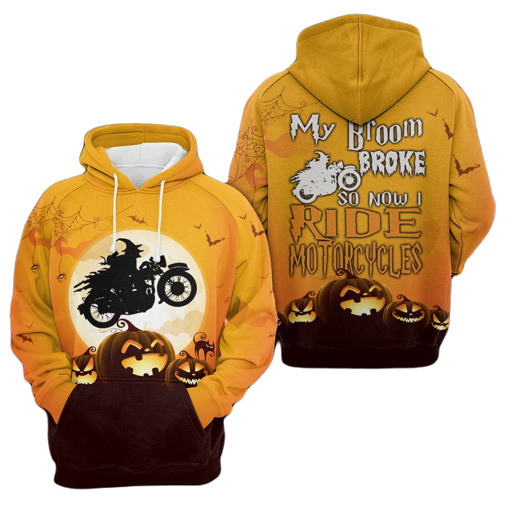 Motorcycle Hoodie My Broom Broke So I Ride Motorcycle Hoodie Black Orange Unisex