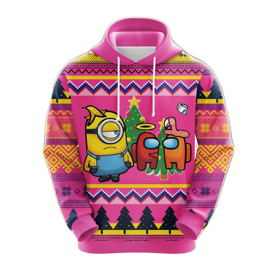 Minion Hoodie Among Us Minion Christmas Pattern Hoodie Pink Unisex