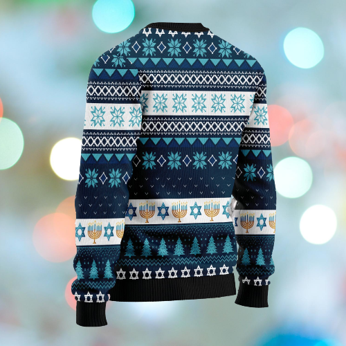 Hanukkah Ugly Sweater Happy Hanukkah Candles White Blue Sweater