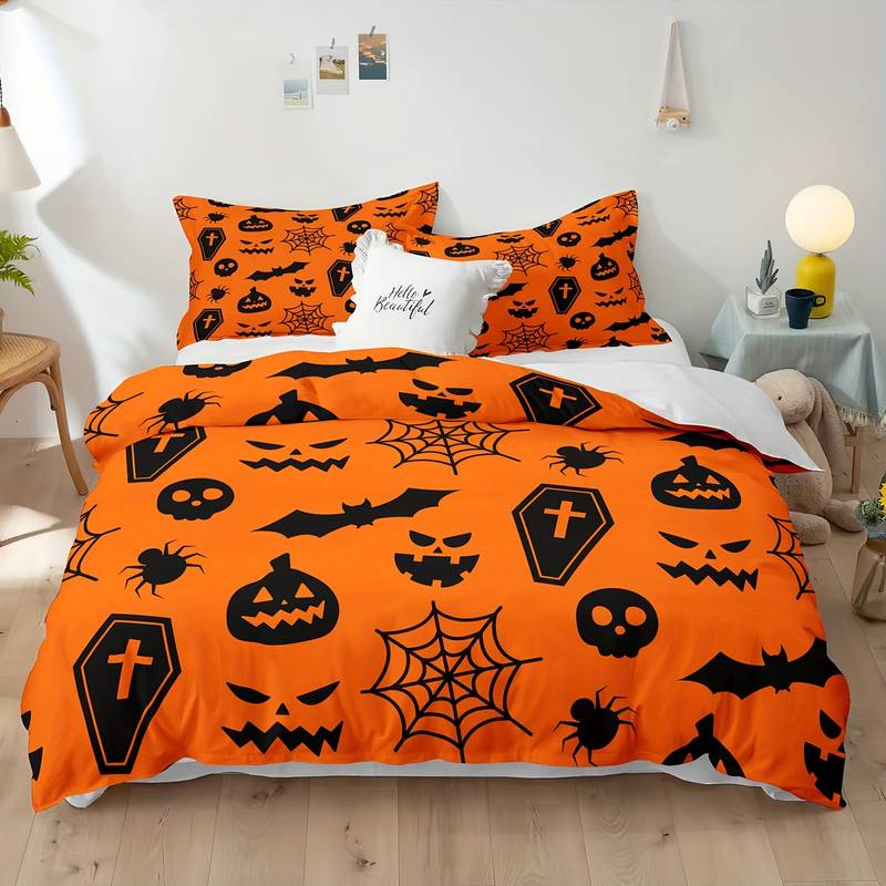 Halloween Bedding Set Pumpkin Bat Spider Web Pattern Duvet Covers Orange Unique Gift