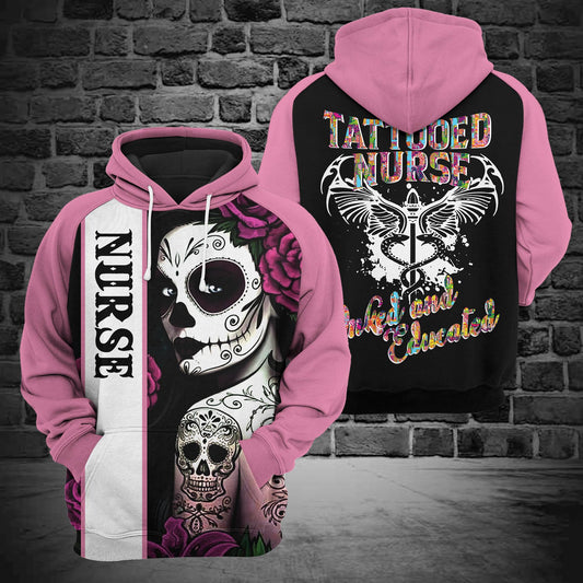 Unifinz Nurse Tattoo Hoodie Tattooed Nurse Inked And Educated Black Pink Hoodie Nurse Apparel 2022