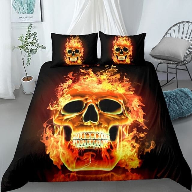 Skull Bedding Set Flaming Fire Skull Graphic Duvet Covers Black Orange Unique Gift