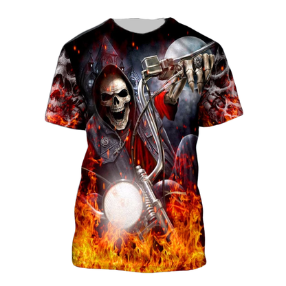 Motorcycle Hoodie Fire Biker Skull Under Moonlight T-shirt Black Orange Unisex