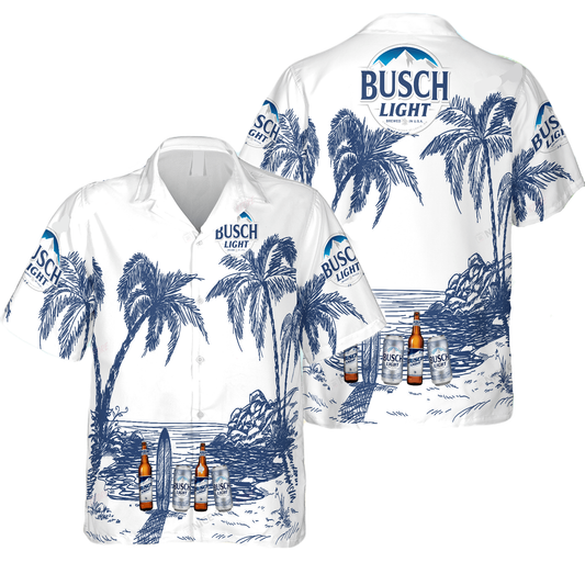 Busch Light Hawaii Shirt Tropical Beach Palm Tree Busch Light Aloha Shirt White Blue Unisex Adults New Release