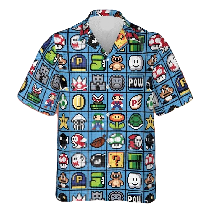 Mario Hawaii Shirt Super Mario 8Bit Game Items Pattern Aloha Shirt Blue Unisex