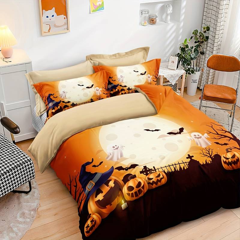 Halloween Bedding Set Pumpkin Ghost Moon Bat Duvet Covers Orange Black Unique Gift