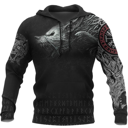  Viking Shirt Viking Fenrir Wolf Vegvisir The Viking Compass Old Norse Rune Language Black White T-shirt Viking Hoodie Adult Full Print