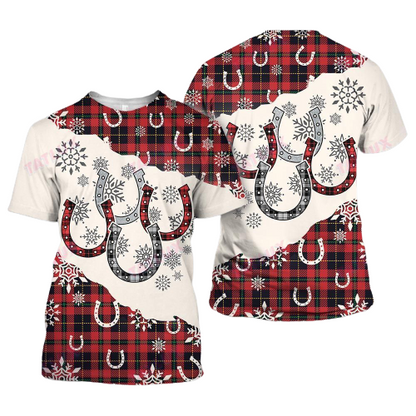 Horse Christmas T-shirt Four Horseshoes Christmas Plaid Black Red Hoodie Horse Christmas Hoodie