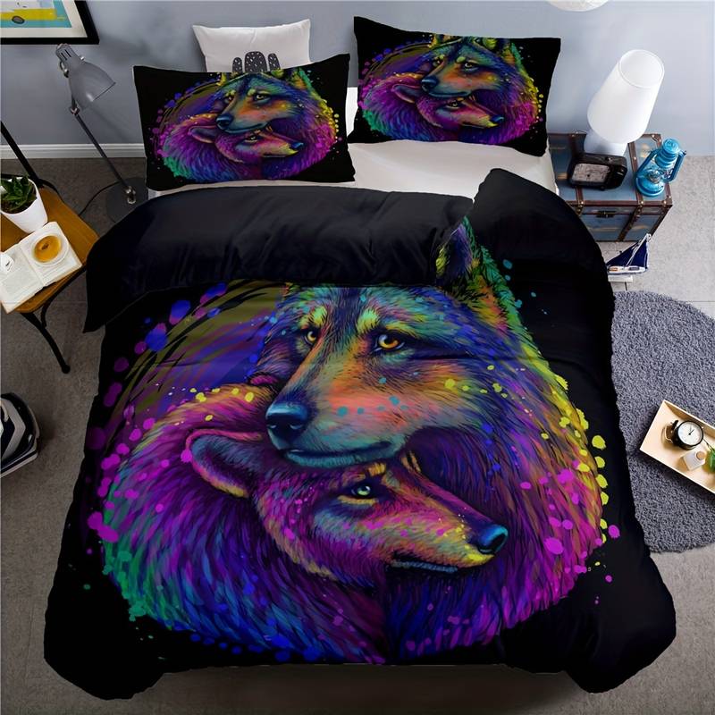 Wolf Bedding Set Wolf Couple Stand By Each Other Duvet Covers Black Unique Gift