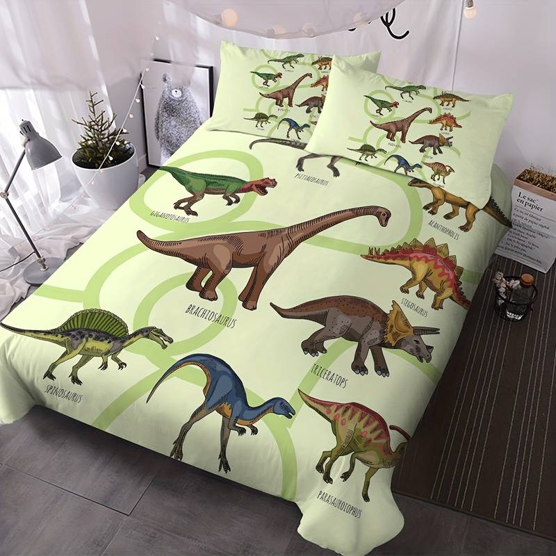 Dinosaur Bedding Set Brachiosaurus Triceratops Stegosaurus Green Line Duvet Covers Green Unique Gift