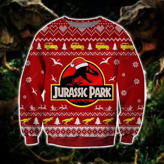 Jurassic Park Sweatshirt Dinosaur Skeleton Christmas Pattern Sweatshirt Red Unisex