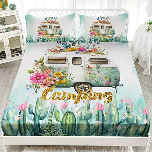 Camping Bedding Set It's Time For Camping Cactus Pattern Duvet Covers White Green Unique Gift