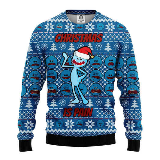 Rick And Morty Christmas Sweater Meseeks Christmas Is Pain Blue Ugly Sweater
