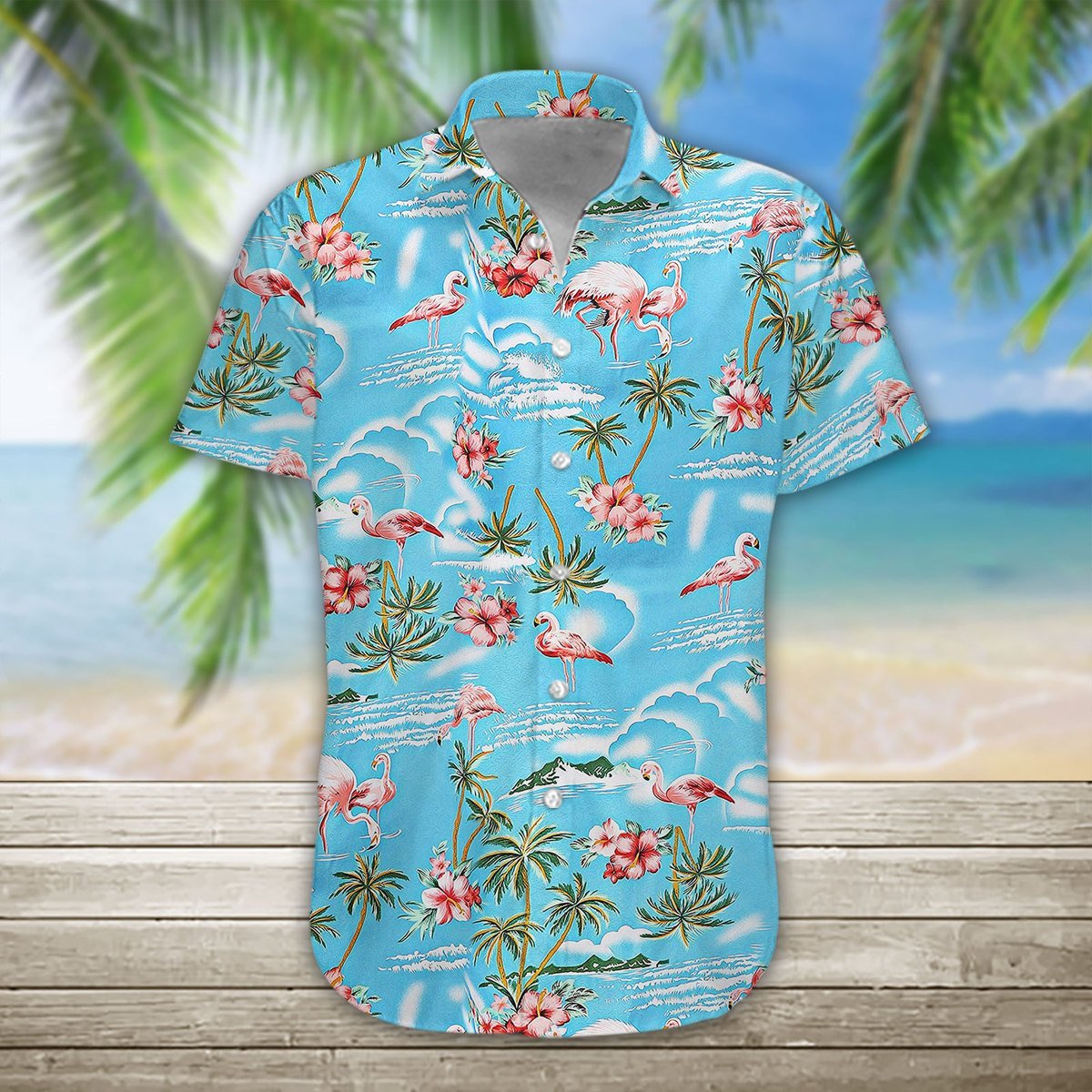 Unifinz Flamingo Aloha Shirt Blue Ocean Palm Tree Flamingo Hawaiian Shirt Flamingo Hawaii Shirt 2023