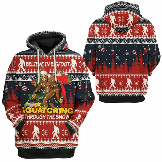 Bigfoot Hoodie Squatching Through The Snow Christmas Pattern Hoodie Black Red Unisex