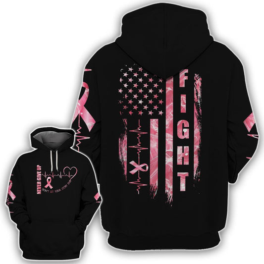  Breast Cancer Shirt Breast Cancer Fight Never Give Up Don't Let Your Story End American Flag Pink Hoodie Adult Full Print