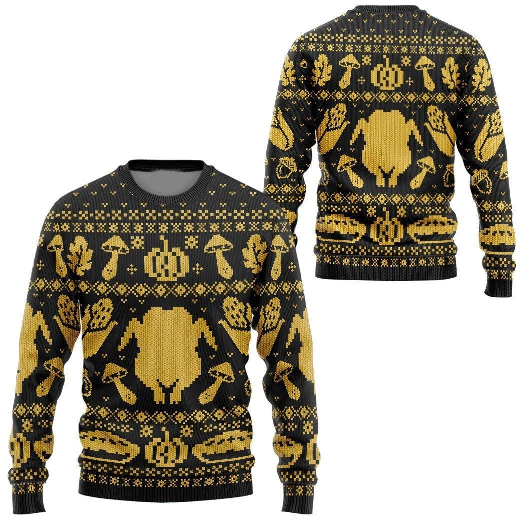 Thanksgiving Sweatshirt Turkey Corn Mushroom Pattern Sweatshirt Yellow Black Unisex