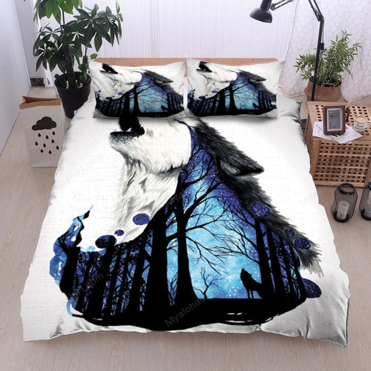 Wolf Bedding Set Howling Wolf In The Forest Duvet Covers Blue White Unique Gift